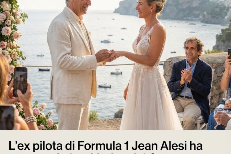 L’ex pilota di Formula 1 Jean Alesi ha sposato Anja a Marina del Cantone, a Nerano: rito civile sul mare, cento invitati arrivati da tutto il mondo e pranzo di nozze al ristorante Lo Scoglio.